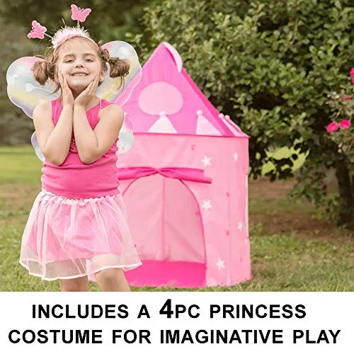 5-Piece Princess Castle Girls Pop Up Play Tent & Dress Up Costume Bundle - Playhouse Gift for Girls & Toddler for Indoor & Outdoor Use with Pink Fairy Tale Carrying Bag & Glow in The Dark Stars