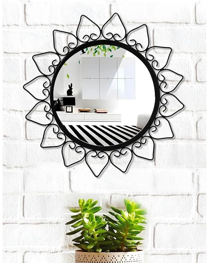 AYMH Iron Metal Decorative Hd Clear Image Wall Mount Round Wall Mirror with Hook for Hanging On Wall for Bedroom, Home Decor, Wash Basin, Vanity, Makeup, Bathroom (Black 12" Framed) (2)