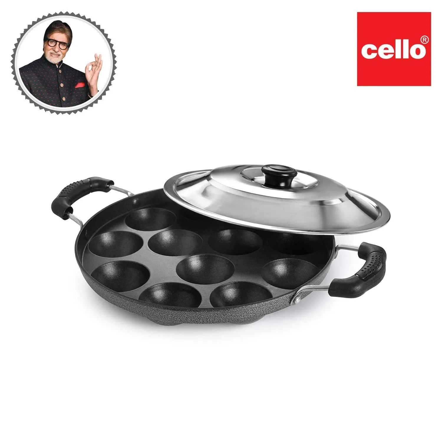 Cello Non-Stick 12 Cavity Appam Patra Kan with Stainless Steel Lid | 2 Side Handle | Appam Maker | Appam Patra | Appam pan | Litti Maker | Appe Stand | Dishwasher Safe