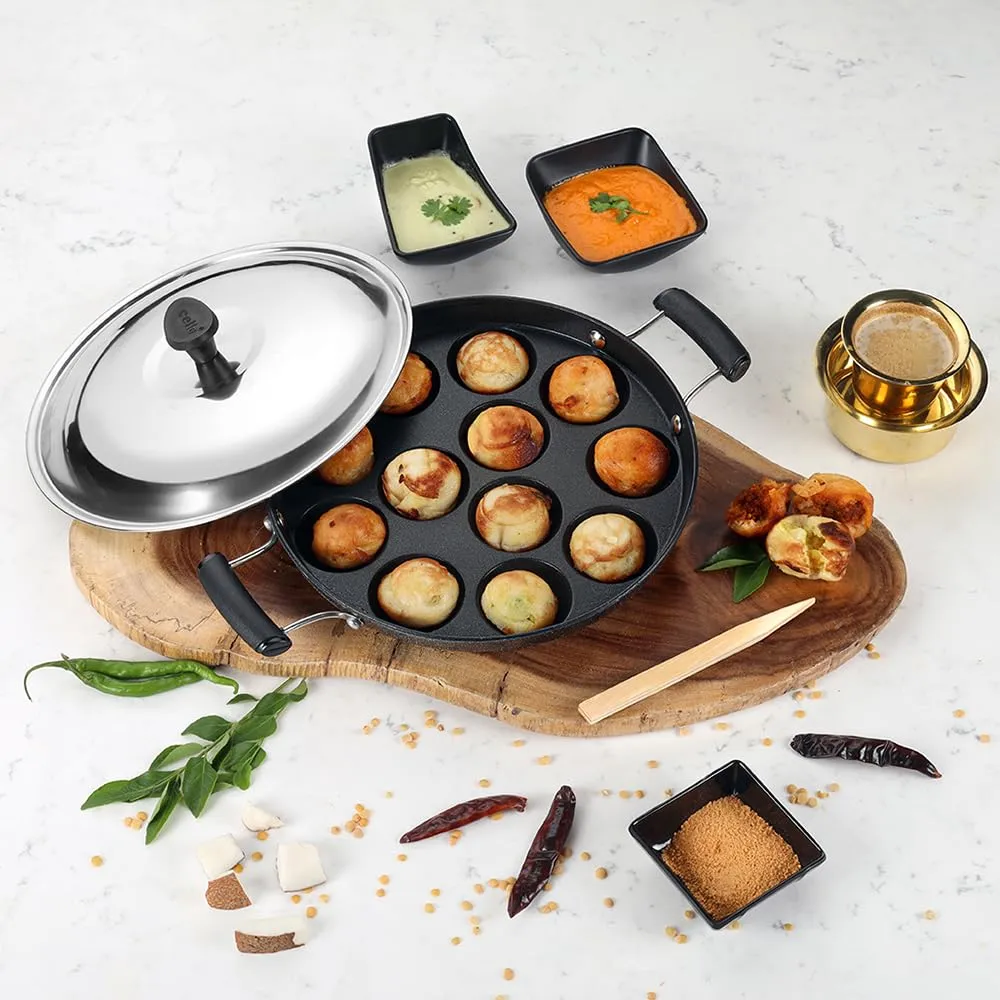 Cello Non-Stick 12 Cavity Appam Patra Kan with Stainless Steel Lid | 2 Side Handle | Appam Maker | Appam Patra | Appam pan | Litti Maker | Appe Stand | Dishwasher Safe