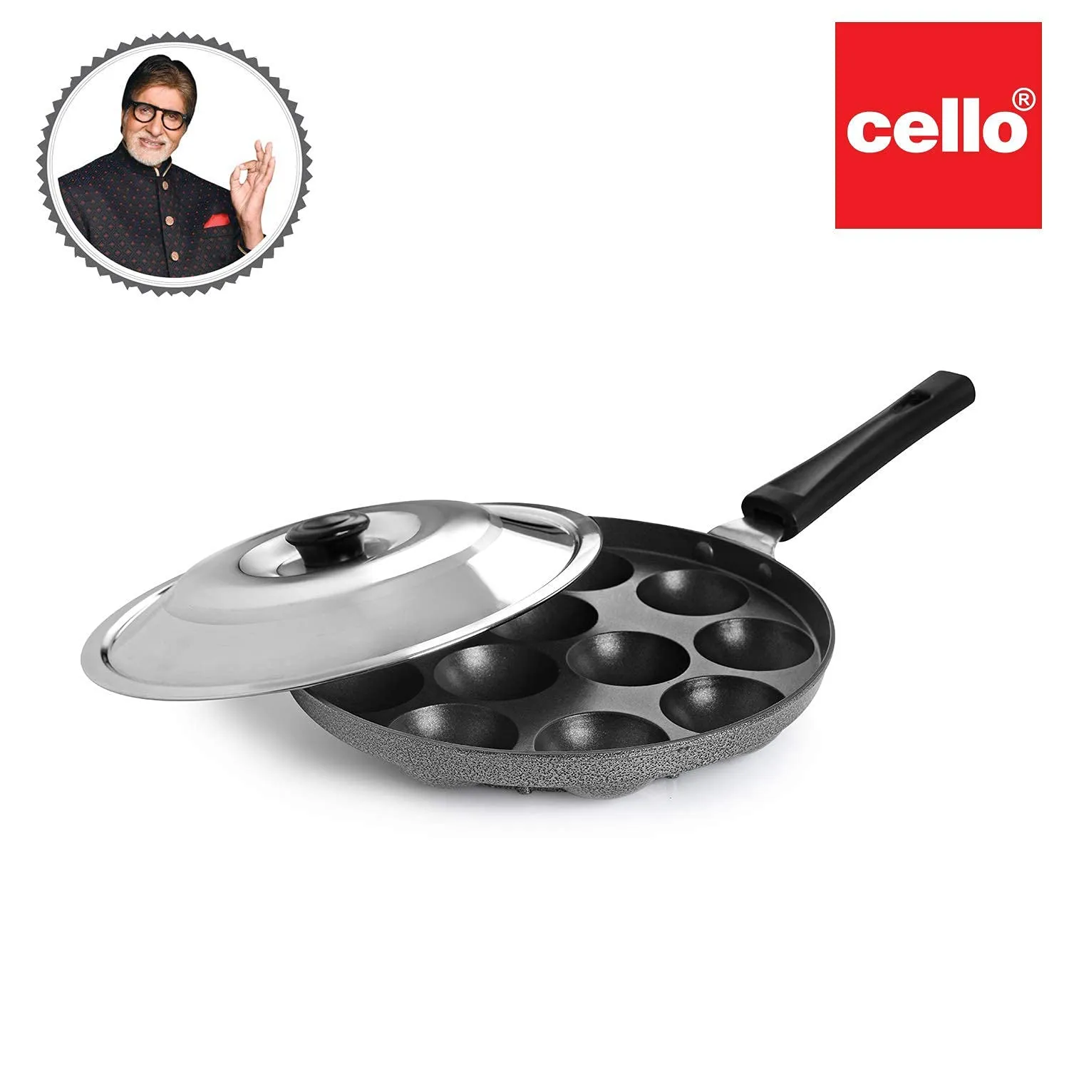 Cello Non-Stick 12 Cavity Appam Patra Single Handle with Stainless Steel Lid