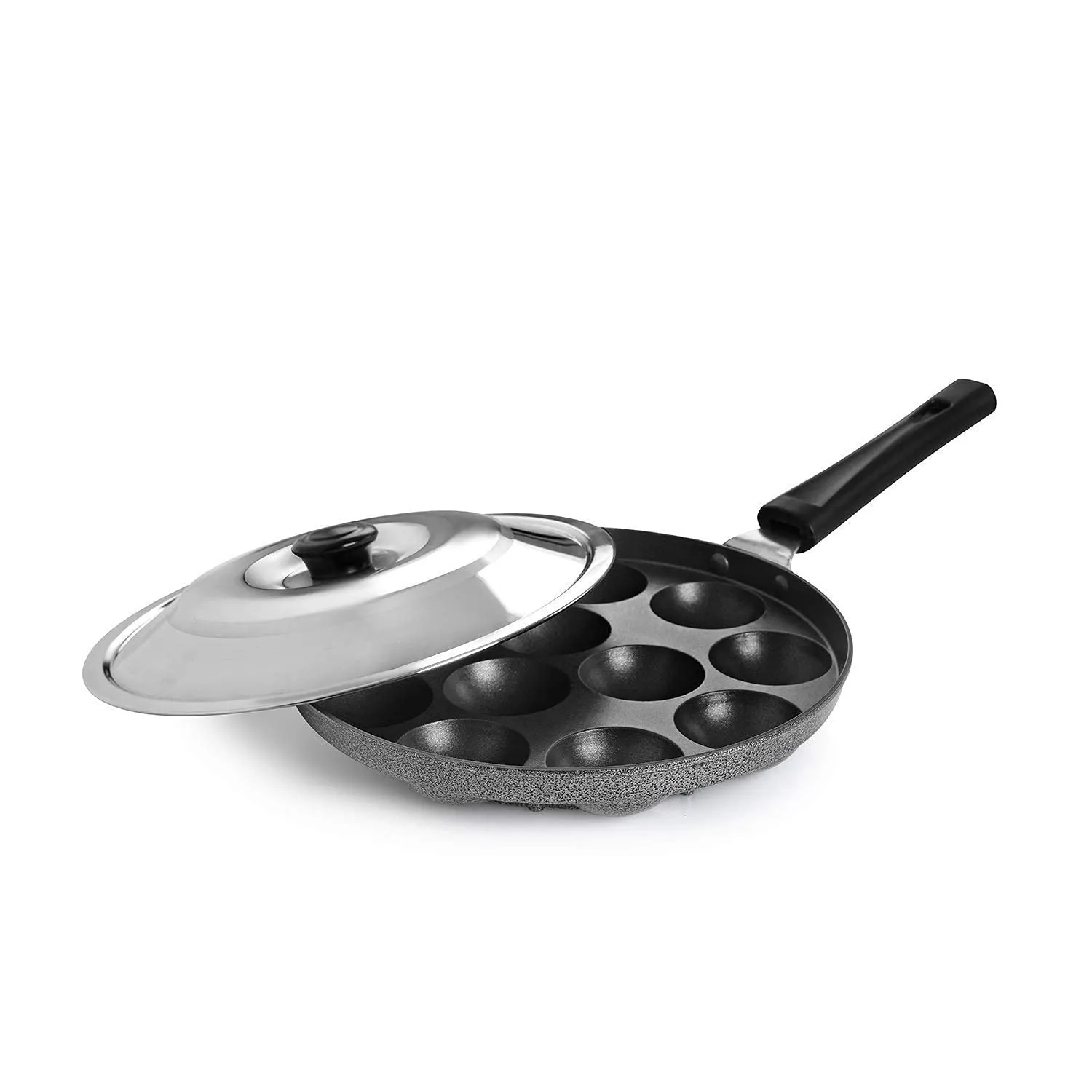 Cello Non-Stick 12 Cavity Appam Patra Single Handle with Stainless Steel Lid