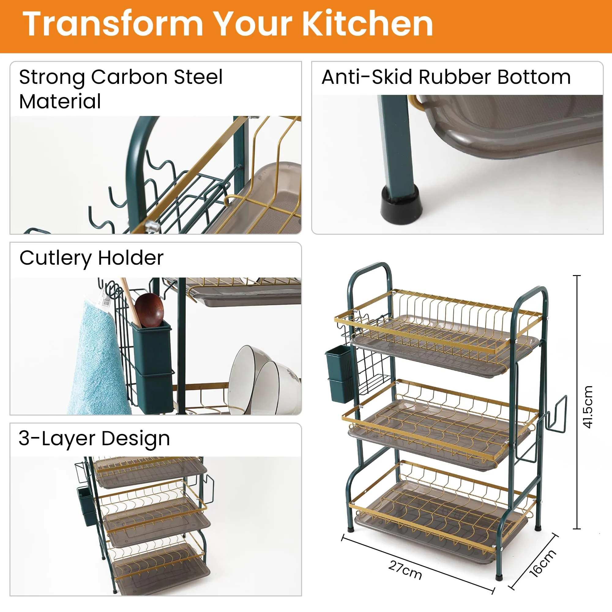 CHESTON 3-Layer Kitchen Dish Rack with Plate and Bowl Holder | Collapsible Kitchen Organiser| Robust Carbon Steel Kitchen Dish Rack with Spoon and Knife Holder Hooks (Golden Green)