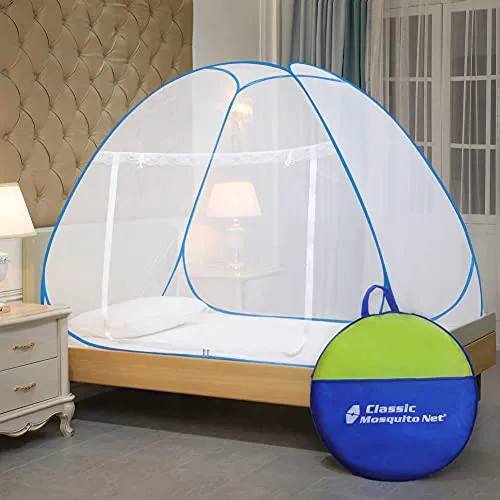 Classic Mosquito Net, Single Bed, Strong 30GSM, PVC Coated Steel ( L200CM X W120CM X H130CM) Polyester Foldable - Blue.