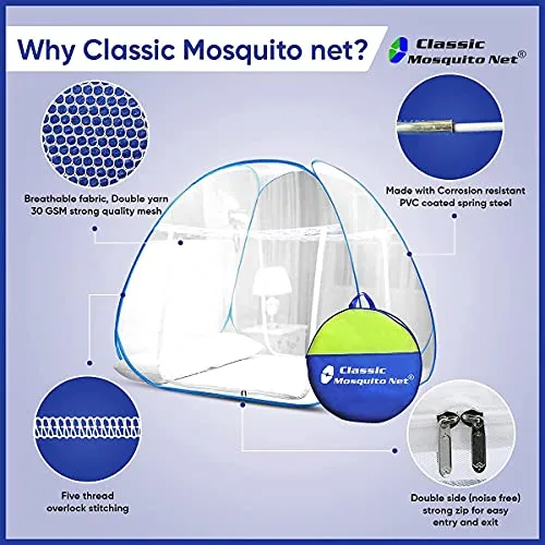 Classic Mosquito Net, Single Bed, Strong 30GSM, PVC Coated Steel ( L200CM X W120CM X H130CM) Polyester Foldable - Blue.