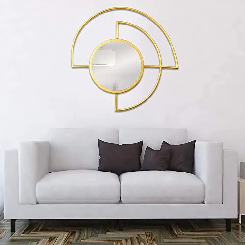 Gold-Tone Round Wall Mirror with Arched Frame, 76 cm Diameter