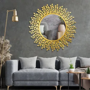 Golden Leaf Design Wall Mirror, 60 cm Diameter, with Hanging Pendants