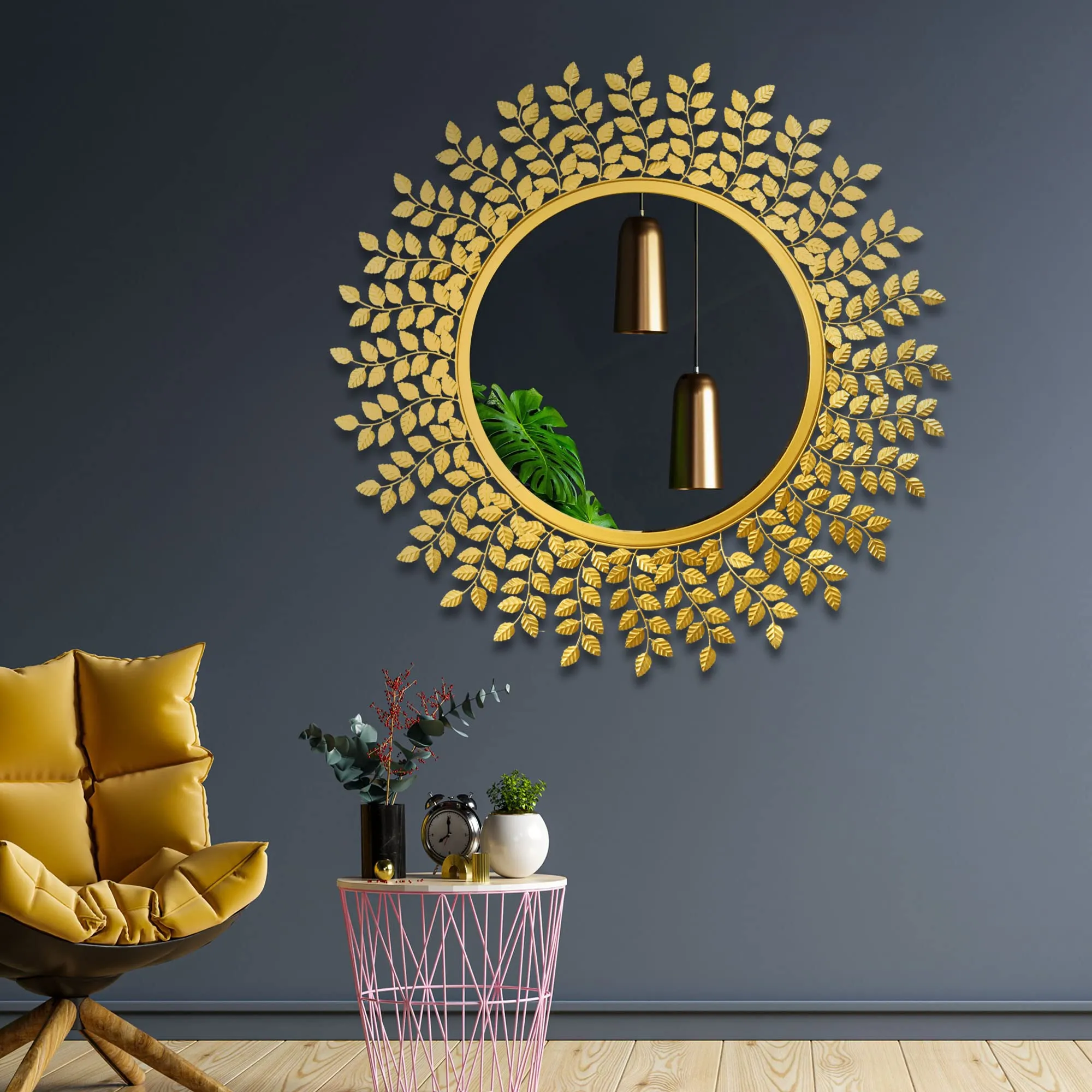 Golden Leaf Design Wall Mirror, 60 cm Diameter, with Hanging Pendants