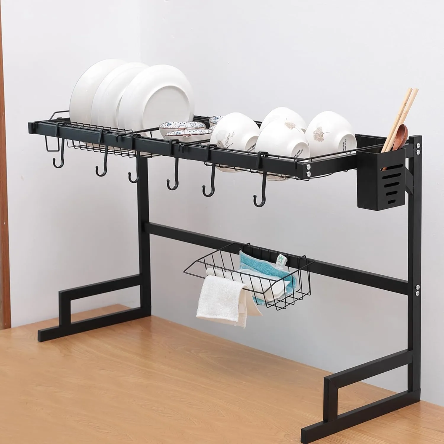 Homestic Dish Drying Rack|Storage Rack for Kitchen Counter|Drainboard & Cutting Board Holder|Premium Utensils Basket (Black)