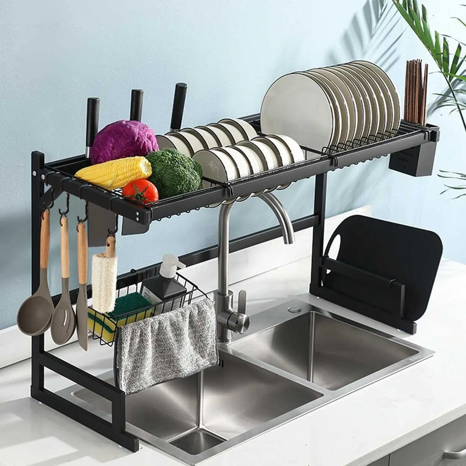 Homestic Dish Drying Rack|Storage Rack for Kitchen Counter|Drainboard & Cutting Board Holder|Premium Utensils Basket (Black)