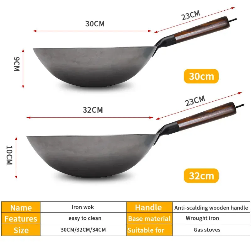 Iron Wok Hand Forging Iron Pan Wooden Handle Pure Iron No Coating Wok