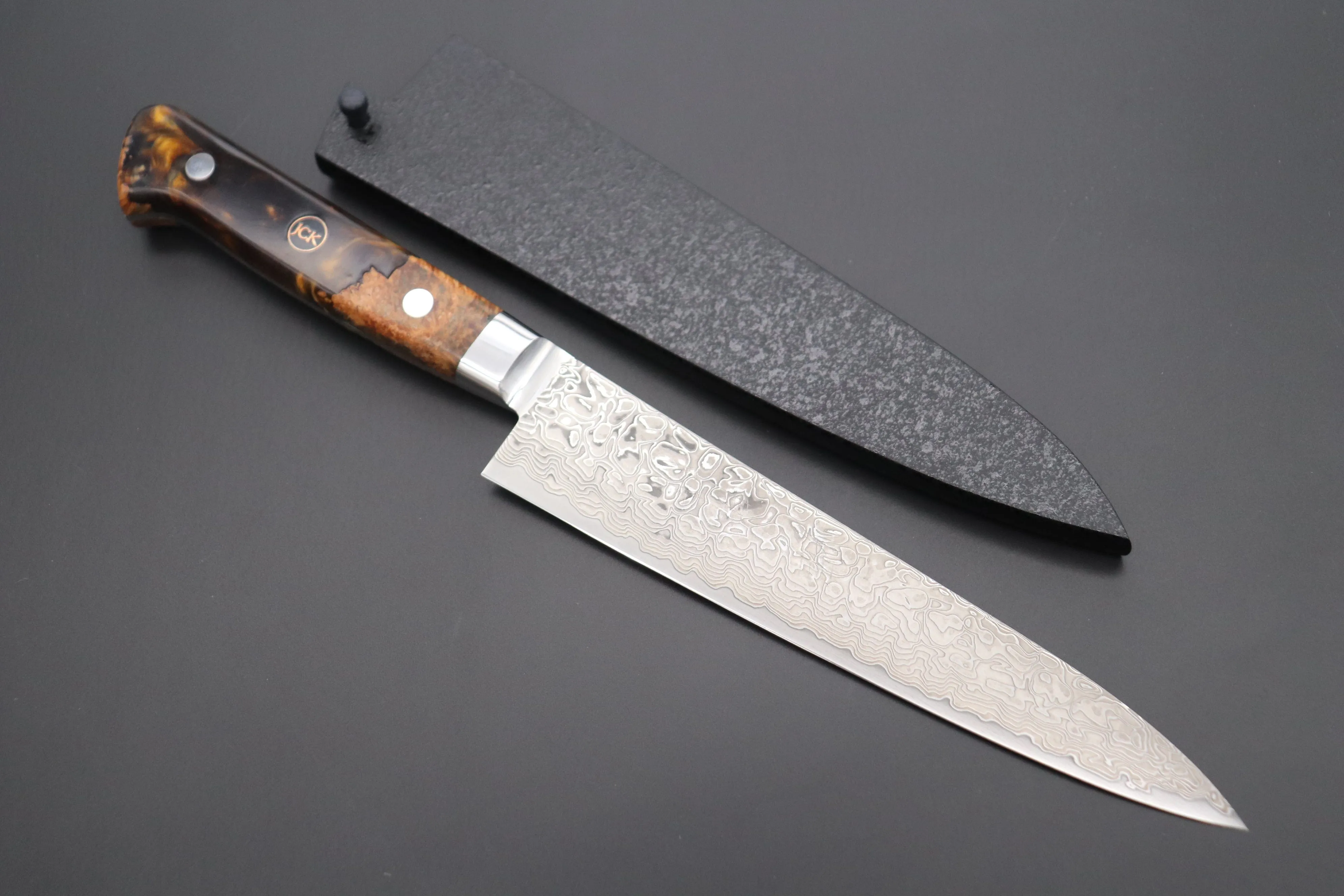 JCK Original Kagayaki NOVEL- Limited Edition Custom R-2 Damascus Series KNLTD-72 Petty 150mm (5.9 inch, Hammer Forged Blade)