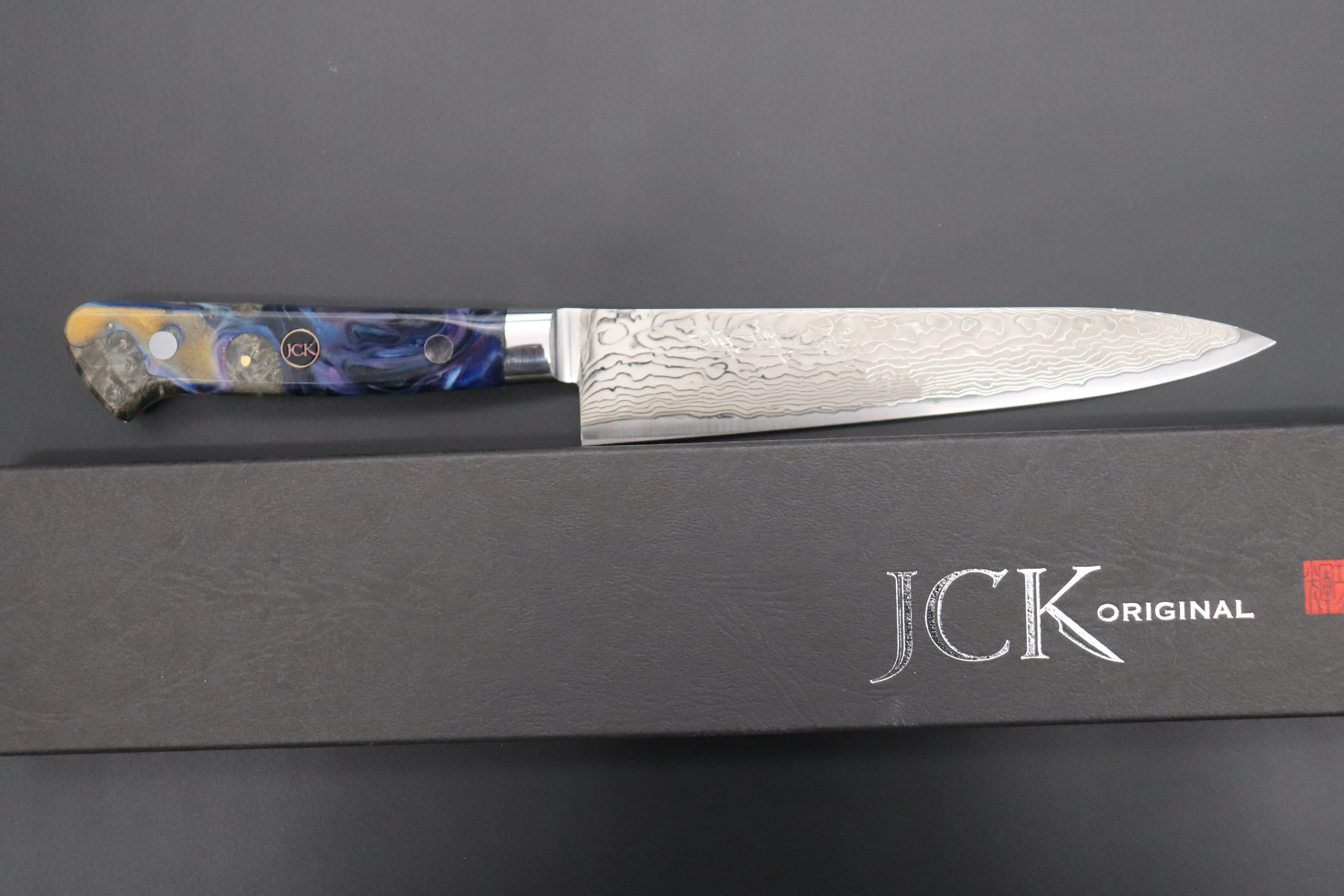 JCK Original Kagayaki NOVEL- Limited Edition Custom R-2 Damascus Series KNLTD-86 Petty 150mm (5.9 inch, Hammer Forged Blade)