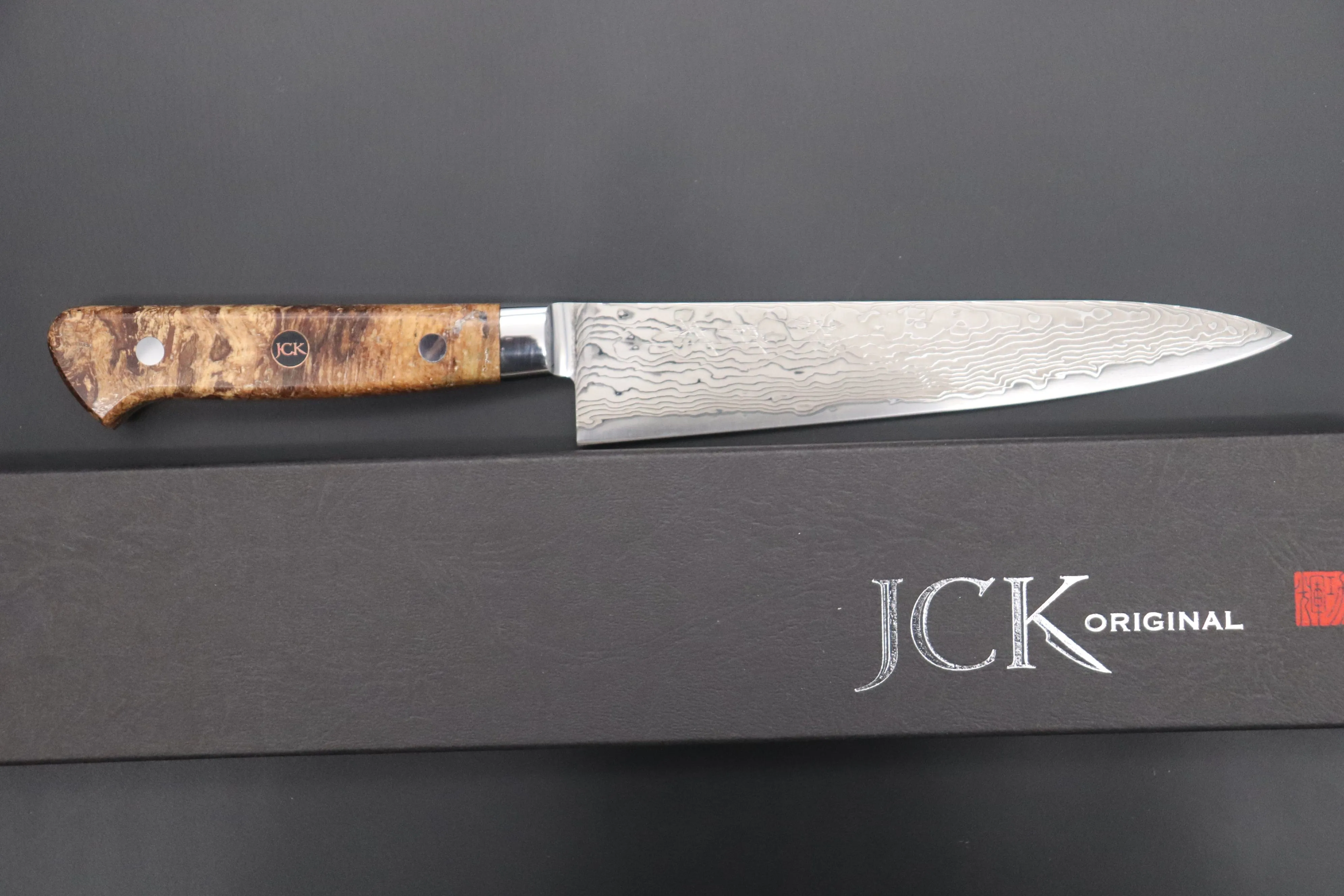 JCK Original Kagayaki NOVEL- Limited Edition Custom R-2 Damascus Series KNLTD-95 Petty 150mm (5.9 inch, Hammer Forged Blade)