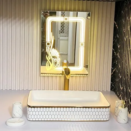 Kamal ENTERPRISEZ Vanity Mirror with Ceramic Wash Basin, White and Gold | Luxury wash Basin | Premium Wash Basin