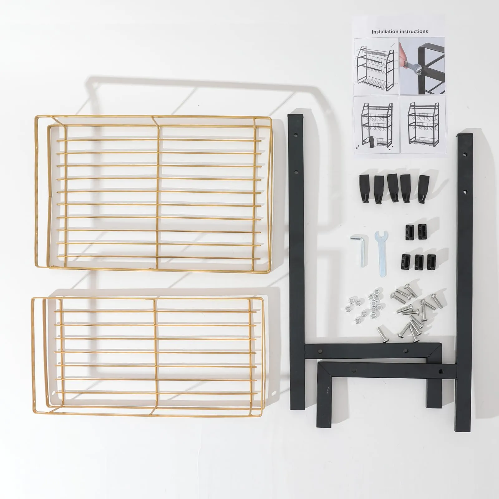 Kuber Industries 2-Layer Dish Drying Rack|Storage Rack for Kitchen Counter|Drainboard & Cutting Board Holder|Premium Utensils Basket (Black & Gold)