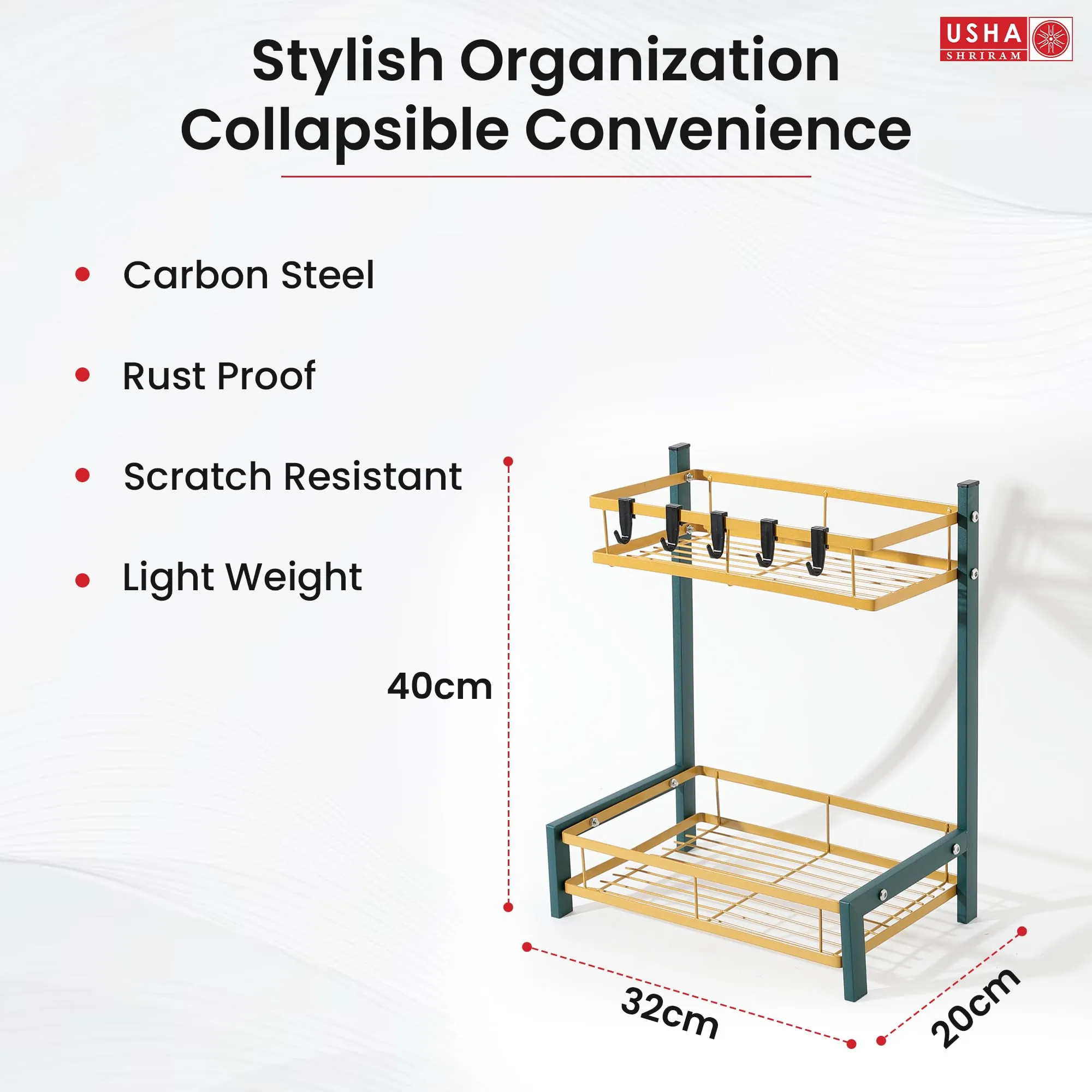 Kuber Industries 2-Layer Dish Drying Rack|Storage Rack for Kitchen Counter|Drainboard & Cutting Board Holder|Premium Utensils Basket (Green & Gold)