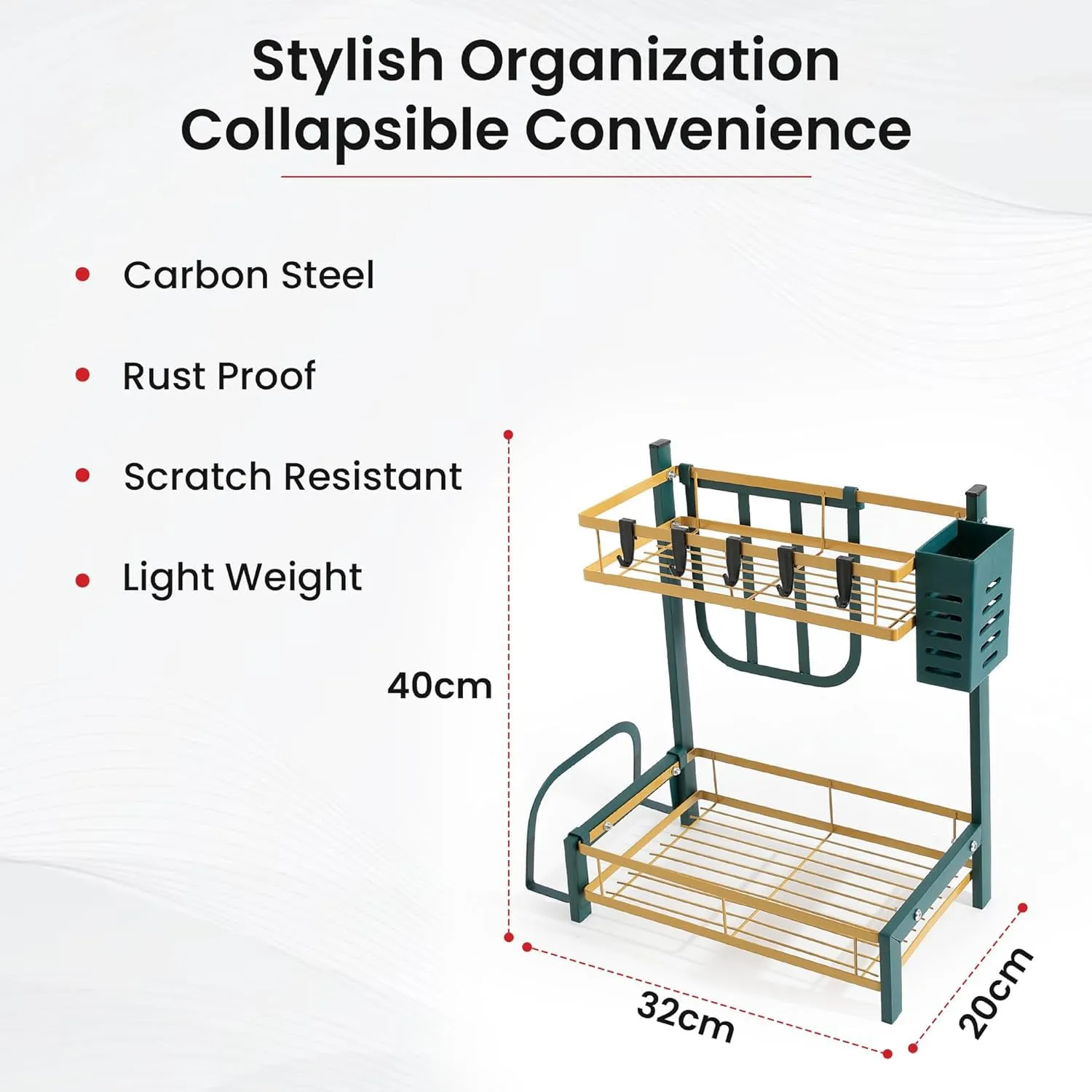 Kuber Industries 2-Layer Dish Drying Rack|Storage Rack for Kitchen Counter|Drainboard & Cutting Board Holder|Premium Utensils Basket Pack of 2 (Gold & Green)