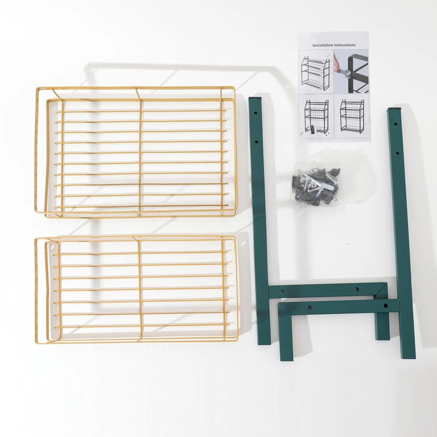 Kuber Industries 2-Layer Dish Drying Rack|Storage Rack for Kitchen Counter|Drainboard & Cutting Board Holder|Premium Utensils Basket Pack of 2 (Green & Gold)