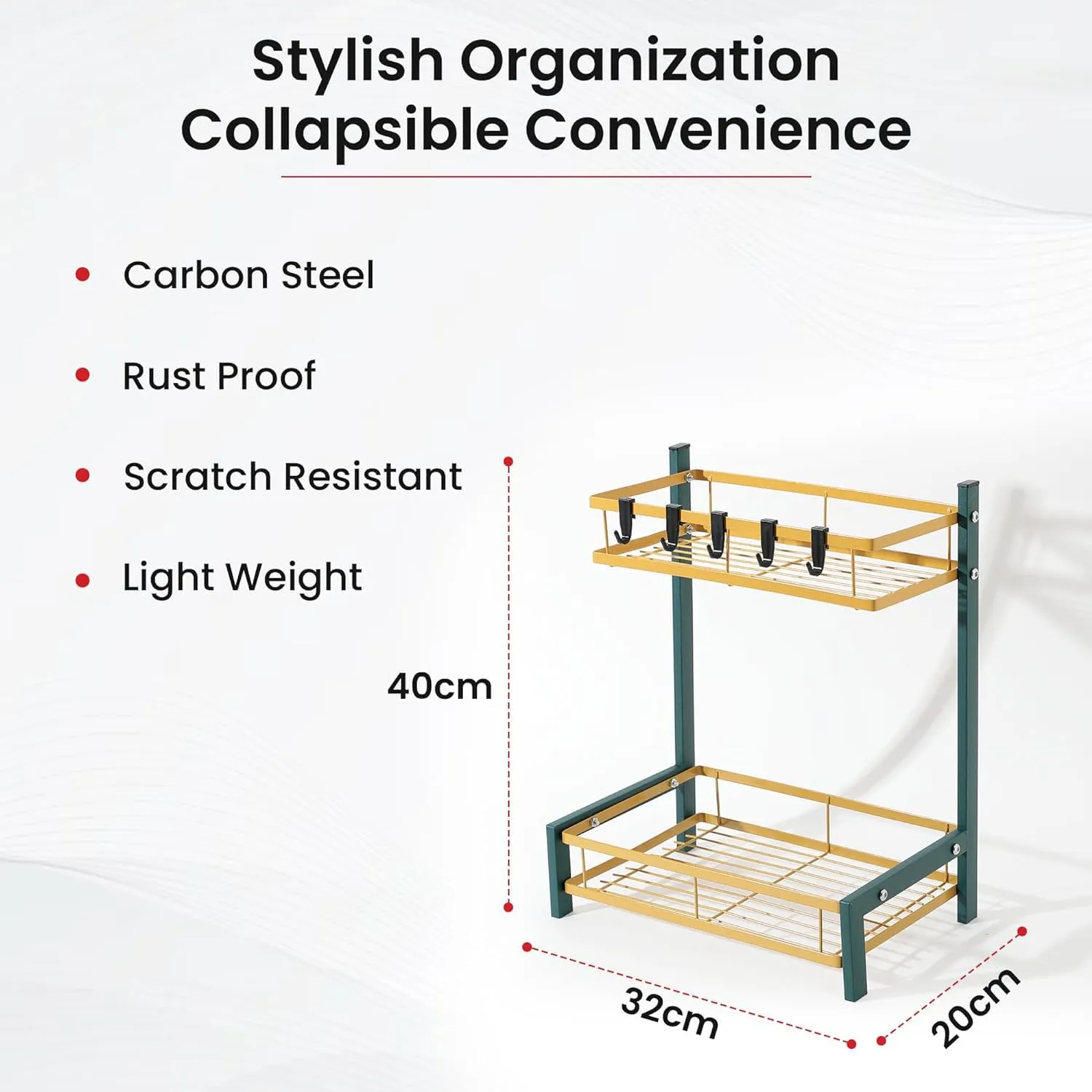 Kuber Industries 2-Layer Dish Drying Rack|Storage Rack for Kitchen Counter|Drainboard & Cutting Board Holder|Premium Utensils Basket Pack of 6 (Green & Gold)