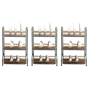 Kuber Industries 3-Layer Dish Drying Rack|Storage Rack for Kitchen Counter|Drainboard & Cutting Board Holder|Premium Utensils Basket Pack of 3 (Dark Green & Gold)