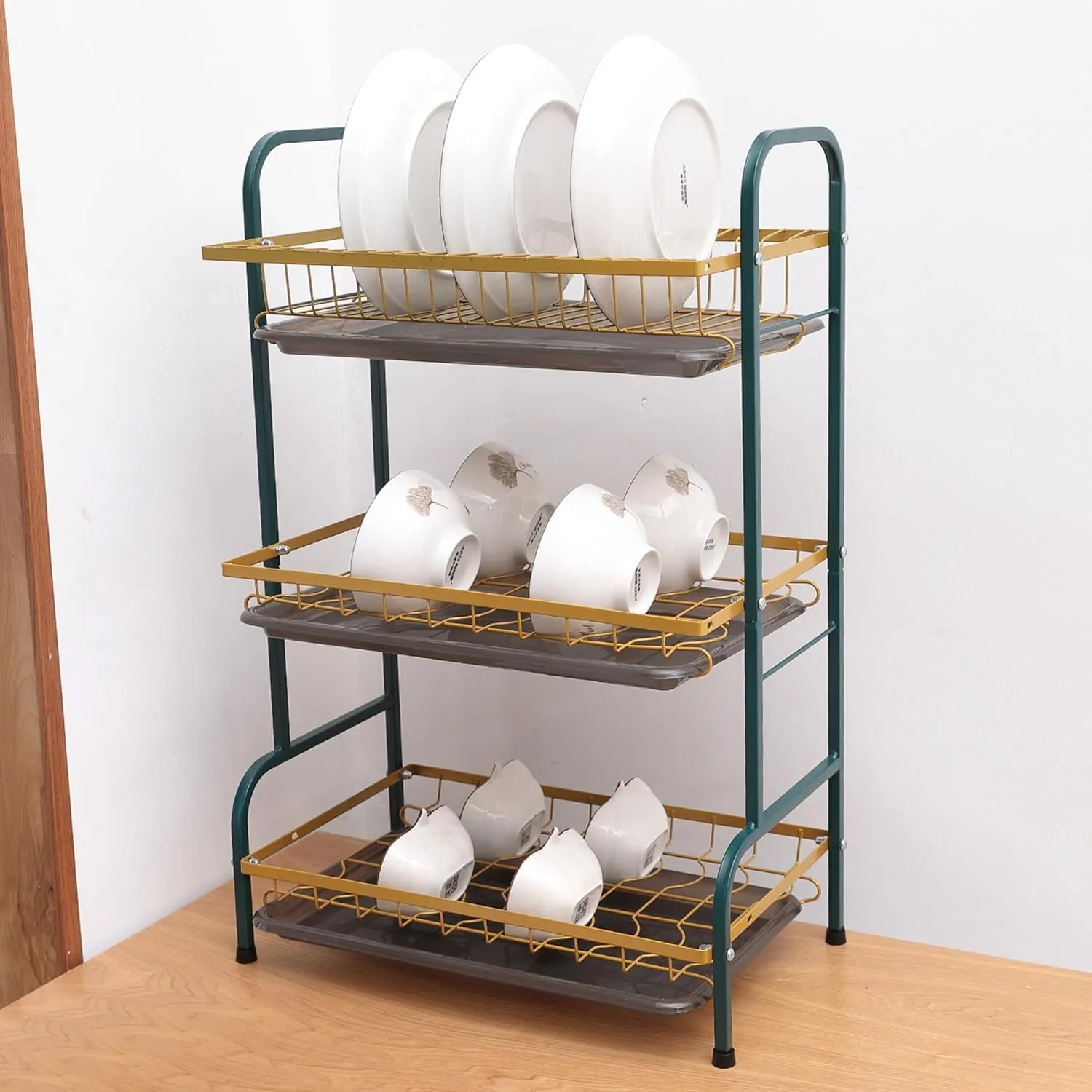 Kuber Industries 3-Layer Dish Drying Rack|Storage Rack for Kitchen Counter|Drainboard & Cutting Board Holder|Premium Utensils Basket Pack of 3 (Dark Green & Gold)