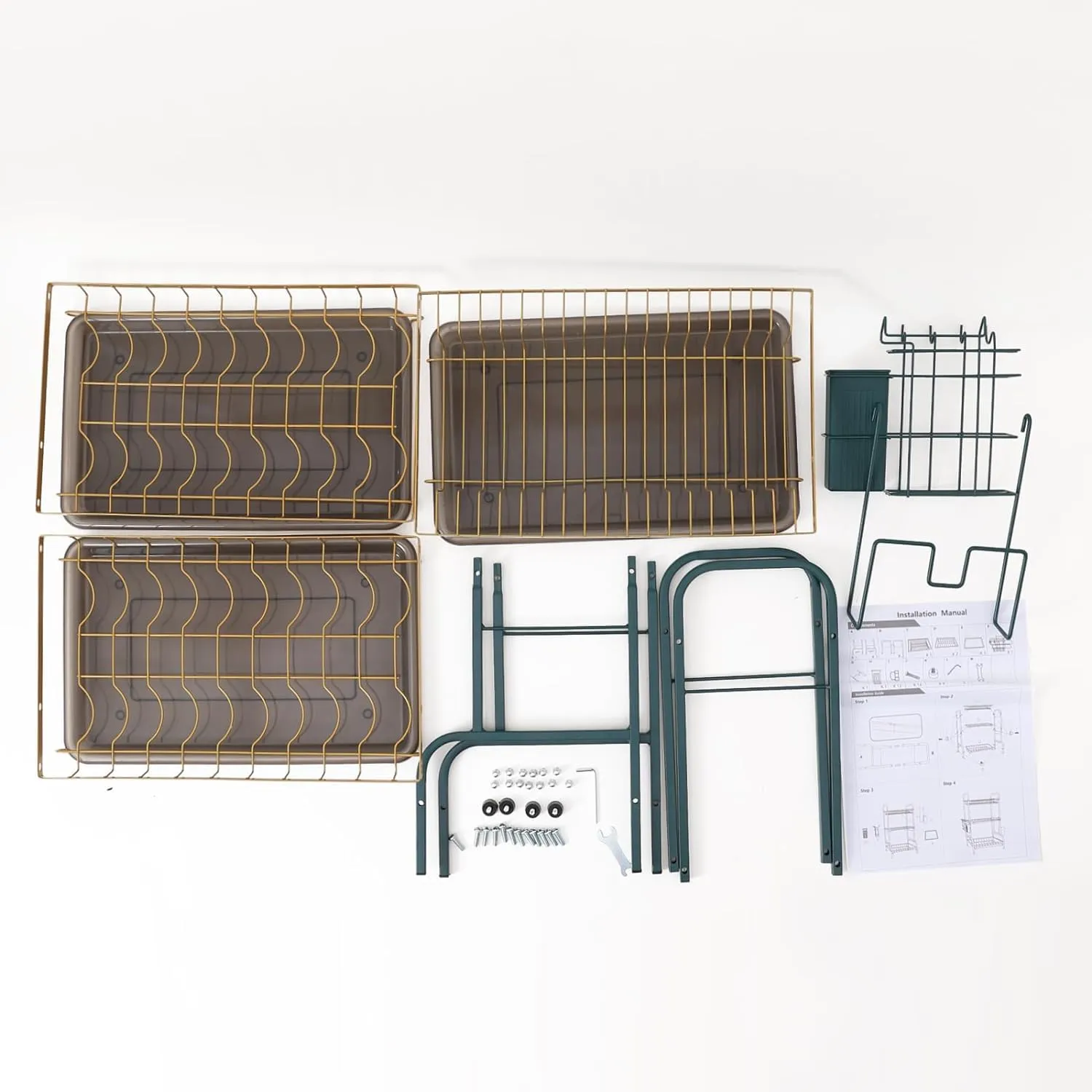 Kuber Industries 3-Layer Dish Drying Rack|Storage Rack for Kitchen Counter|Drainboard & Cutting Board Holder|Premium Utensils Basket Pack of 3 (Dark Green & Gold)