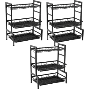 Kuber Industries 3-Layer Dish Drying Rack|Storage Rack for Kitchen Counter|Drainboard & Cutting Board Holder|Premium Utensils Basket|Free Mounting Pack of 3 (Black)