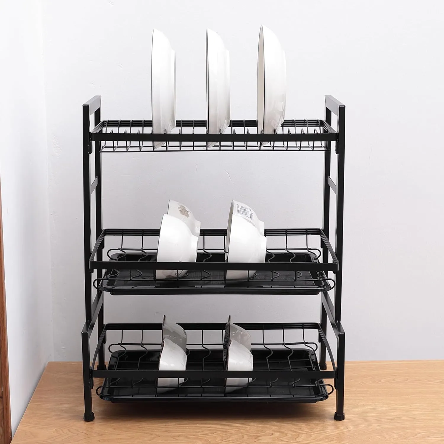 Kuber Industries 3-Layer Dish Drying Rack|Storage Rack for Kitchen Counter|Drainboard & Cutting Board Holder|Premium Utensils Basket|Free Mounting Pack of 5 (Black)