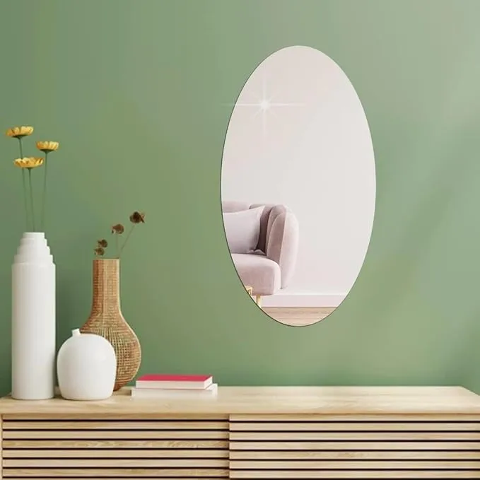 Oval Shape Adhesive Mirror Sticker for Wall On Tiles Bathroom Bedroom Living Room Unbreakable Plastic Wall Mirror 30 * 20 Cm(B 3),Silver