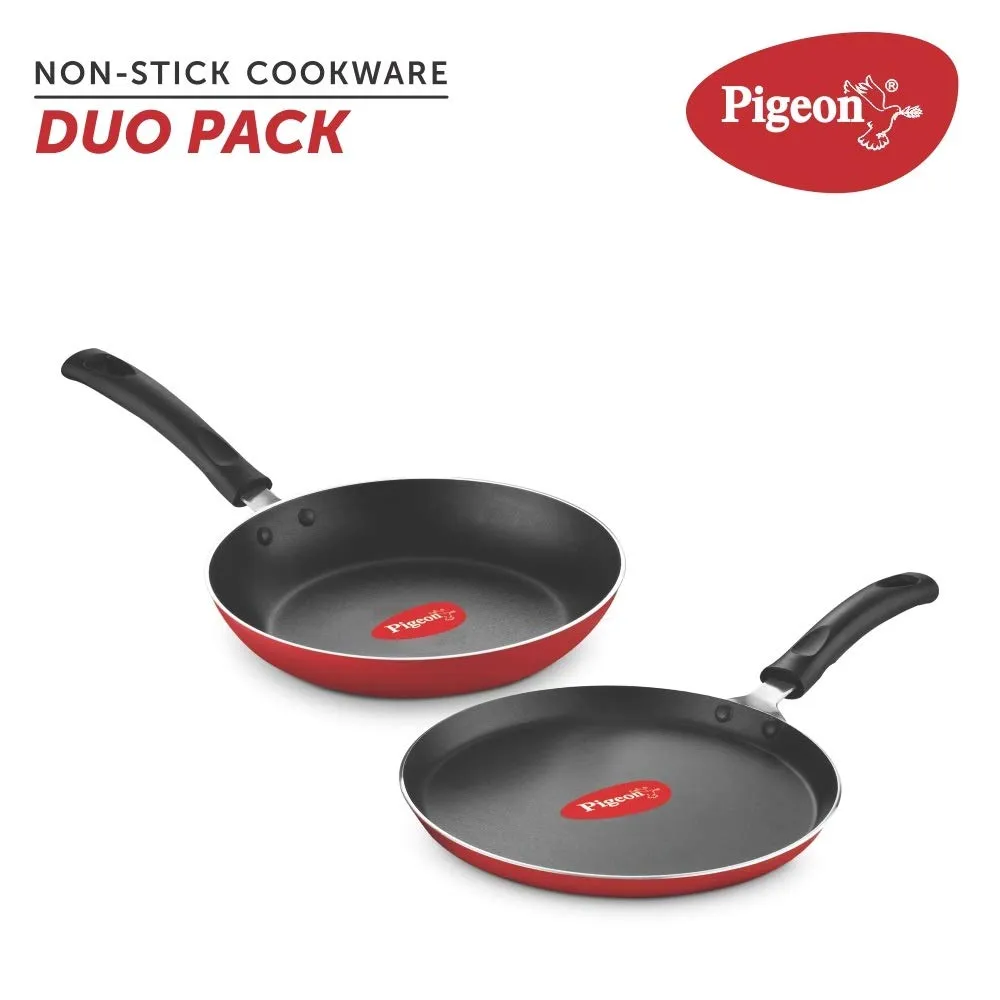 Pigeon Aluminium Nonstick Duo Pack Flat Tawa 250 and Fry Pan 200 Gift Set (Red)