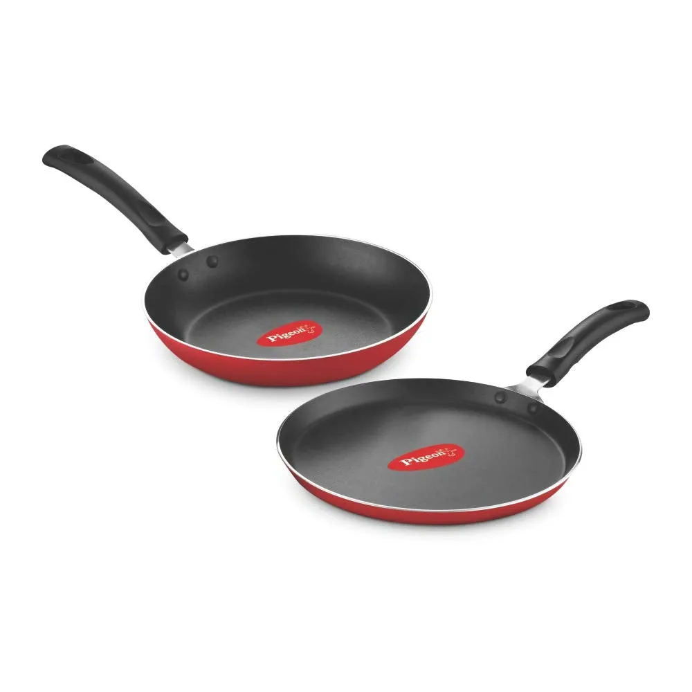 Pigeon Aluminium Nonstick Duo Pack Flat Tawa 250 and Fry Pan 200 Gift Set (Red)