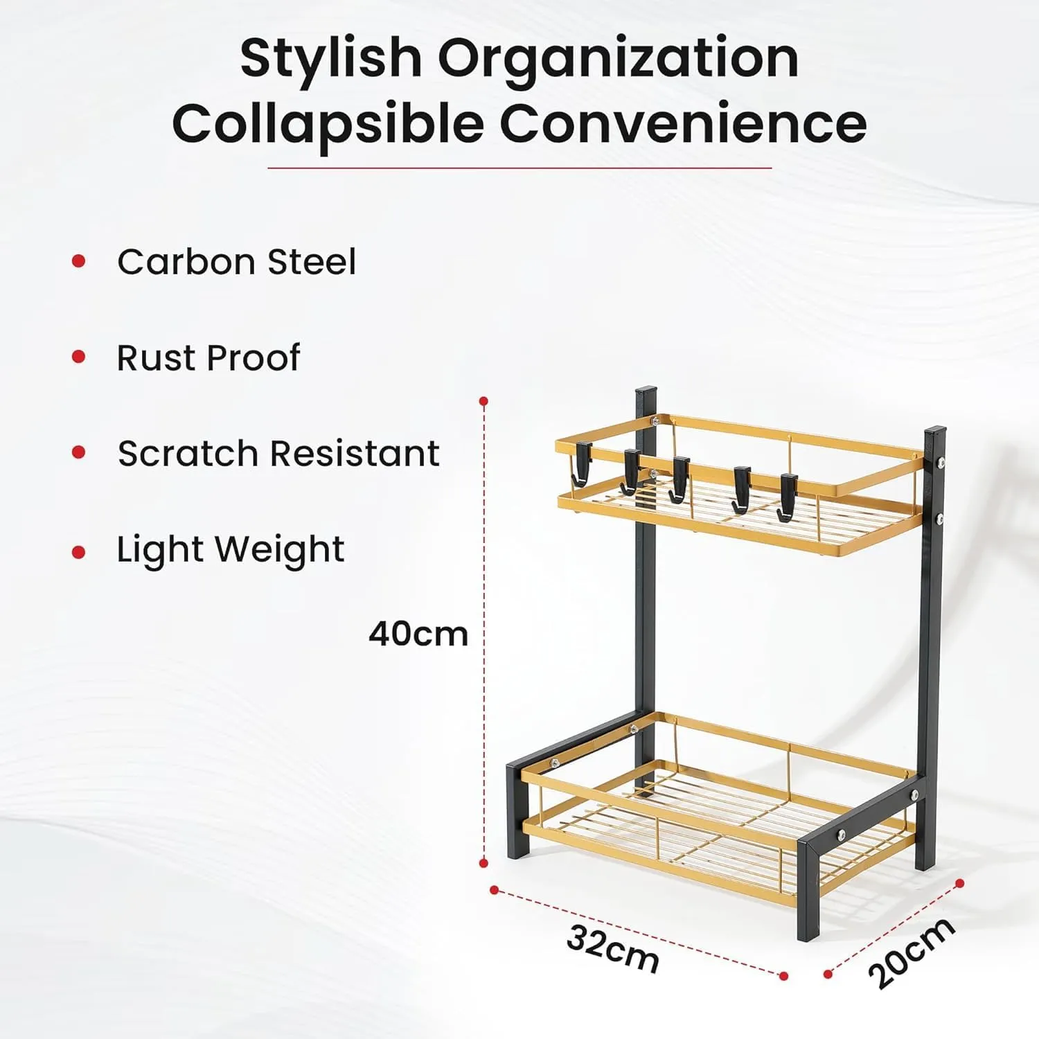 Plantex 2-Layer Dish Drying Rack|Storage Rack for Kitchen Counter|Drainboard & Cutting Board Holder|Premium Utensils Basket (Black & Gold)