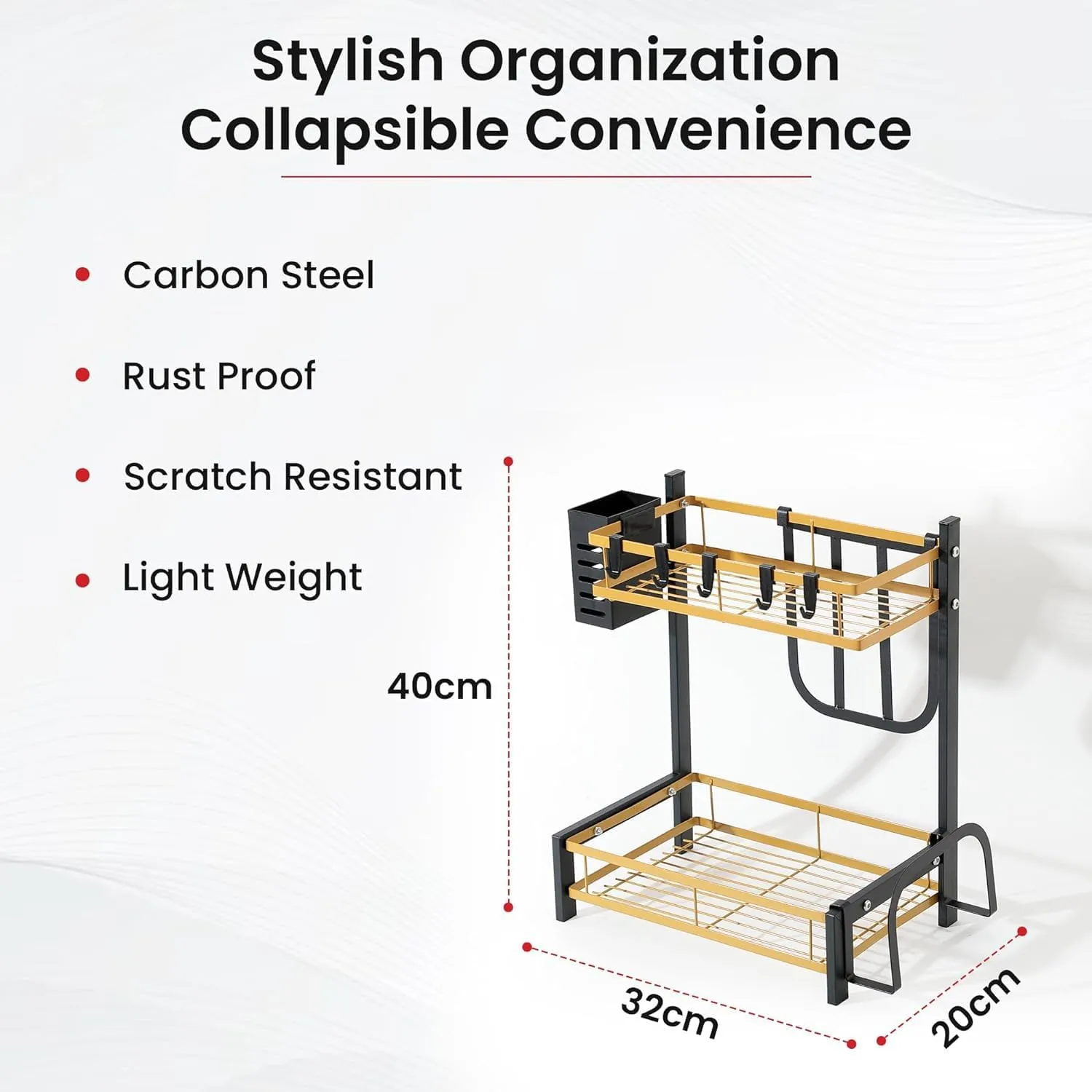 Plantex 2-Layer Dish Drying Rack|Storage Rack for Kitchen Counter|Drainboard & Cutting Board Holder|Premium Utensils Basket (Gold & Black)