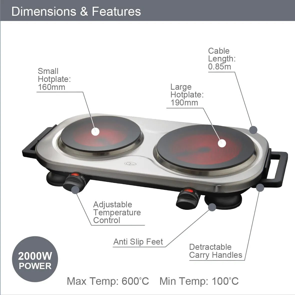 Quest Ceramic Infrared Double Hot Plate / 2 Plates With Adjustable Temperature From 100℃ To 600℃ / 2000W / Rapid Heat Up/Lightweight & Portable/Great For Use At Campsites, Caravans & Bedsits