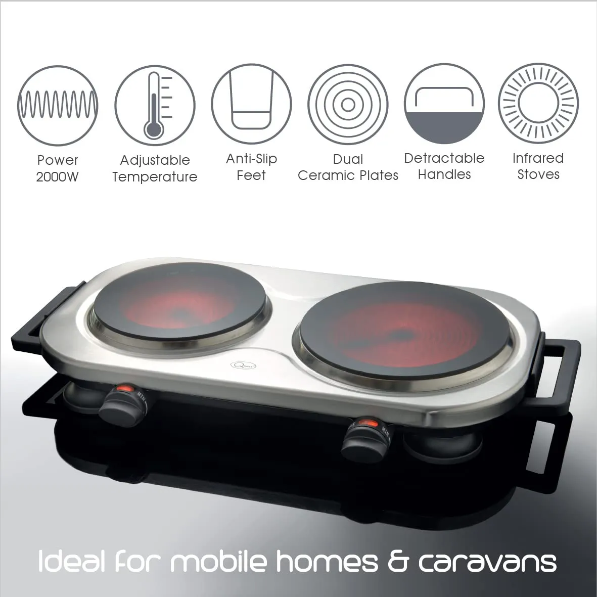 Quest Ceramic Infrared Double Hot Plate / 2 Plates With Adjustable Temperature From 100℃ To 600℃ / 2000W / Rapid Heat Up/Lightweight & Portable/Great For Use At Campsites, Caravans & Bedsits