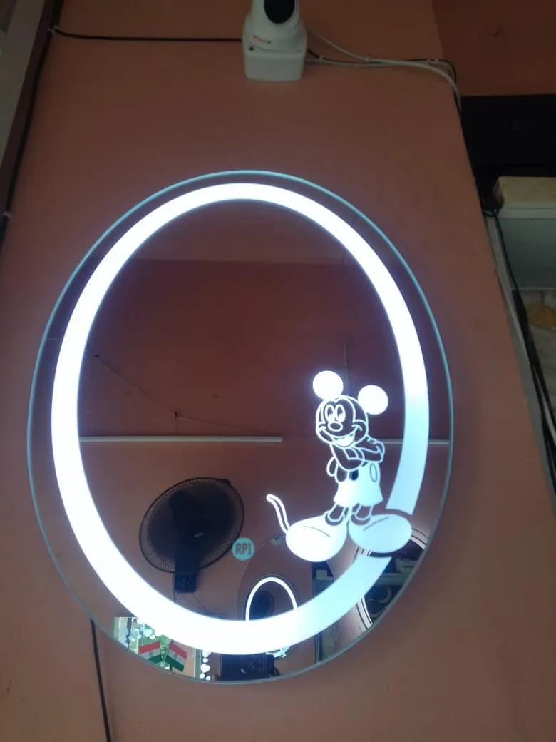 Round LED Wall Mirror for Bathroom, 18x24 cm, 3 LED Lights, Micky Mouse, Interior Decor