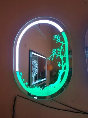 Round LED Wall Mirror for Bathroom, 18x24 cm, 3 LED Lights,Tree Design