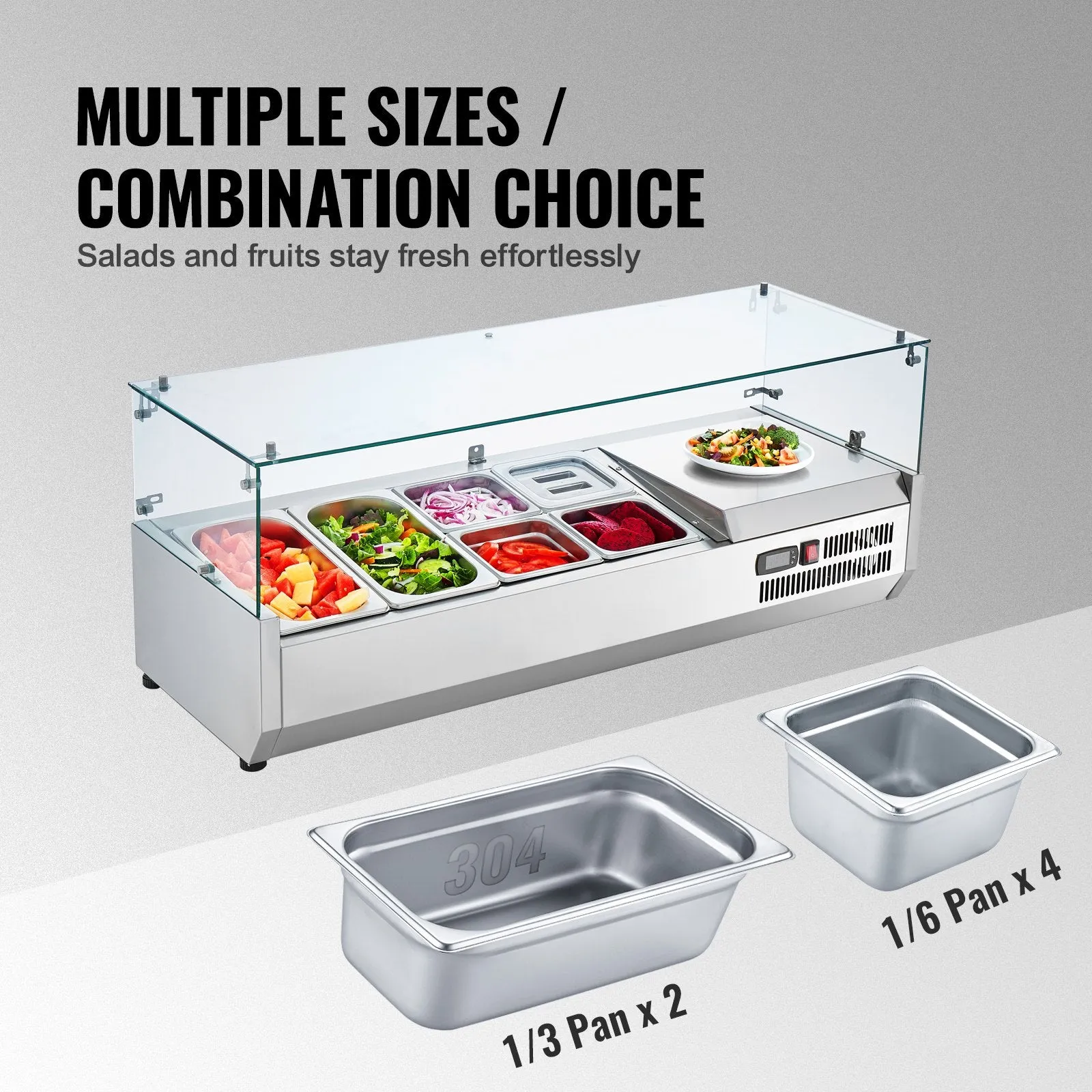 Vevor Refrigerated Condiment Prep Station 44.4" with Glass Guard 135W 2 1/3 and 4 1/6 Pans ETL Certified New