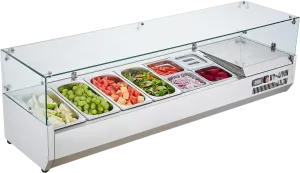 Vevor Refrigerated Condiment Prep Station 58.2" with Glass Guard 150W 4 1/3 and 4 1/6 Pans ETL Certified New