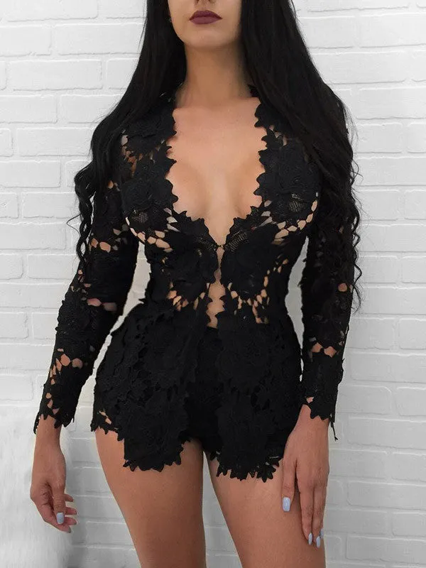 Women's Long Sleeve Lace Romper Sets