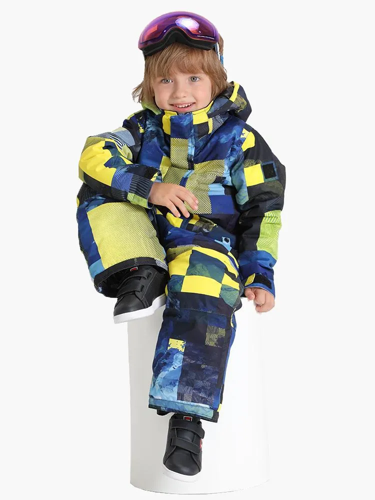 Yellow Plaid Kids Waterproof Winter One Piece Snowboard Suit