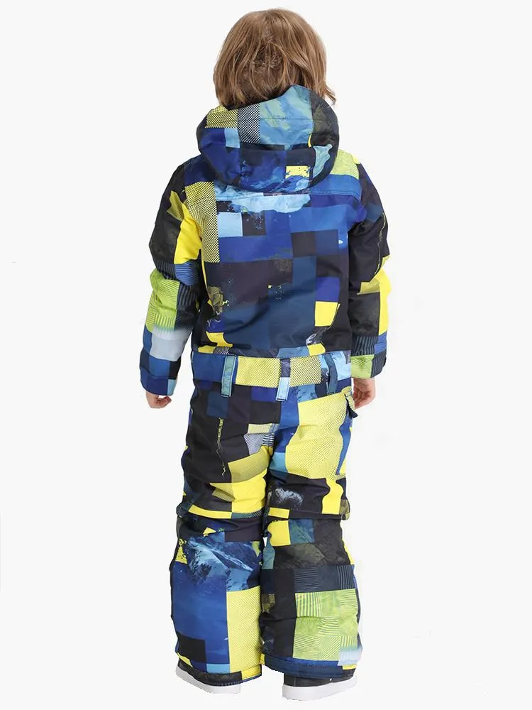 Yellow Plaid Kids Waterproof Winter One Piece Snowboard Suit