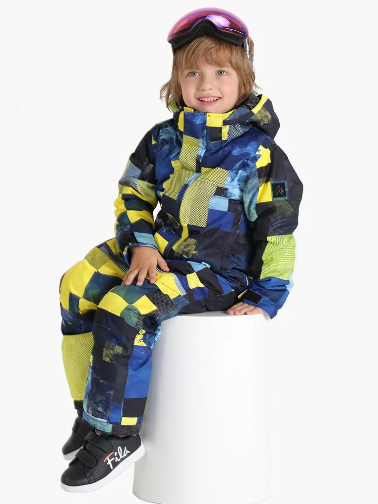 Yellow Plaid Kids Waterproof Winter One Piece Snowboard Suit