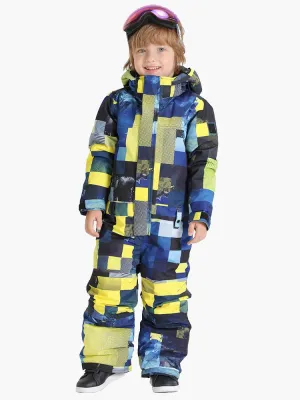 Yellow Plaid Kids Waterproof Winter One Piece Snowboard Suit